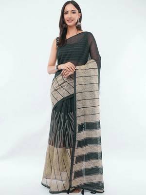 Black linen striped saree with blouse 1