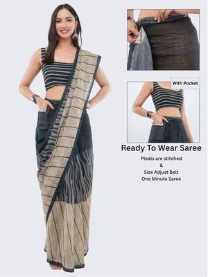 Black linen striped saree with blouse 2