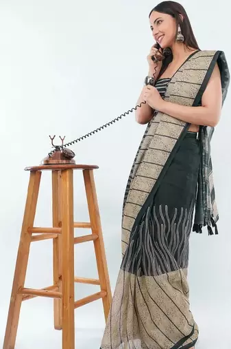 Black linen striped saree with blouse
