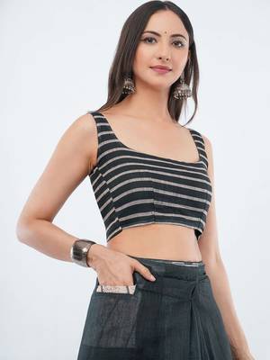 Black linen striped saree with blouse 4