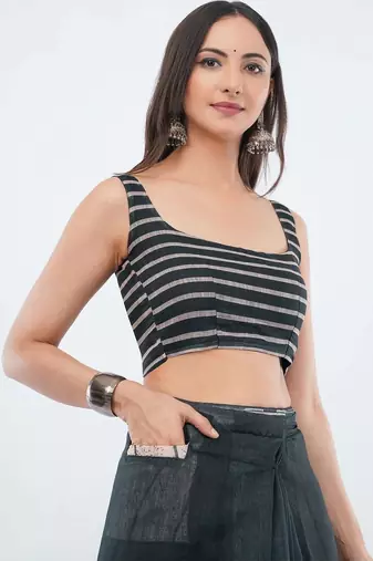 Black linen striped saree with blouse