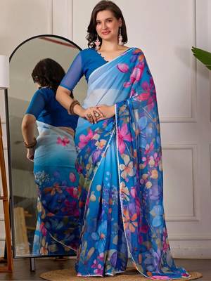 Blue pure georgette printed saree with blouse 1