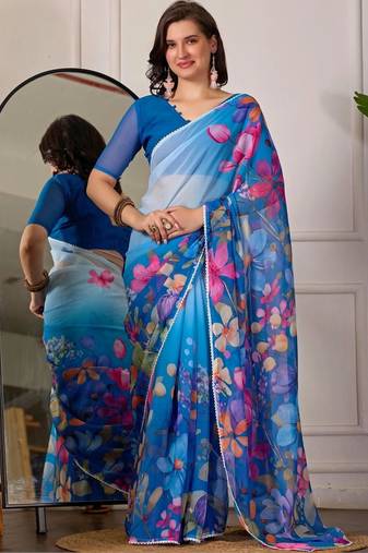 Blue pure georgette printed saree with blouse