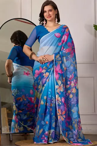 Blue pure georgette printed saree with blouse