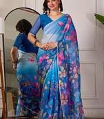 Blue pure georgette printed saree with blouse