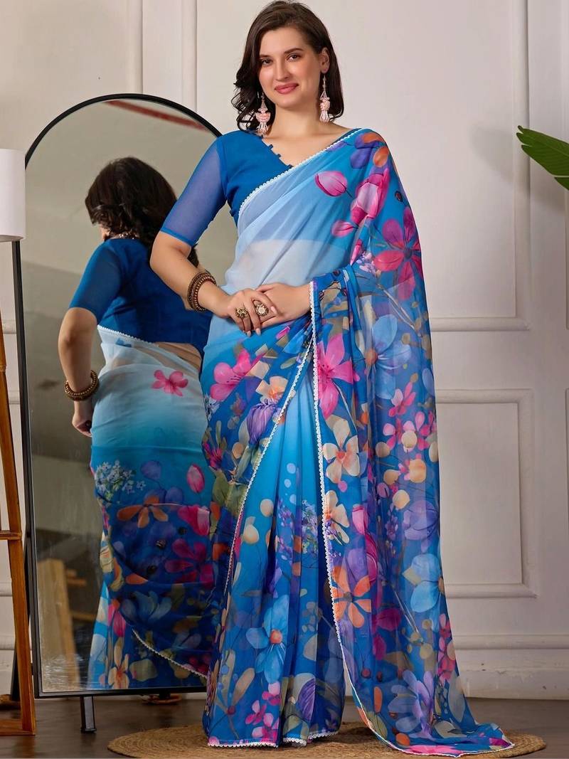 Blue pure georgette printed saree with blouse