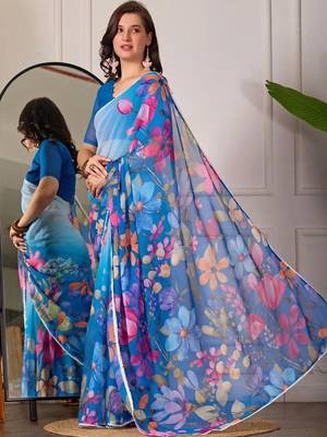 Blue pure georgette printed saree with blouse 2