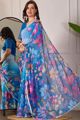 Blue pure georgette printed saree with blouse