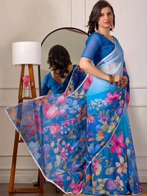 Blue pure georgette printed saree with blouse 3