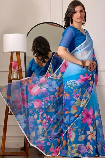 Blue pure georgette printed saree with blouse