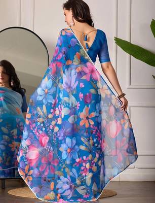 Blue pure georgette printed saree with blouse 4