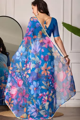 Blue pure georgette printed saree with blouse