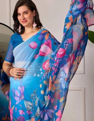 Blue pure georgette printed saree with blouse 5