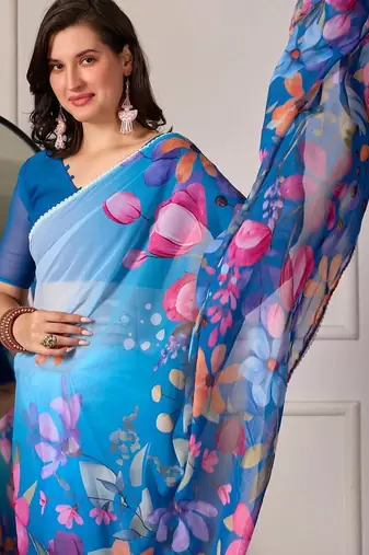Blue pure georgette printed saree with blouse