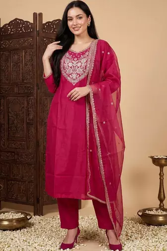 Women Ethnic Motifs Embroidered Regular Kurta with Trousers & With Dupatta