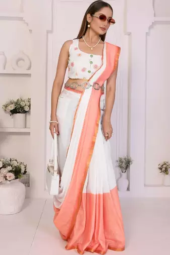 Off white linen solid saree with blouse