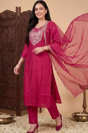 Women Ethnic Motifs Embroidered Regular Kurta with Trousers & With Dupatta