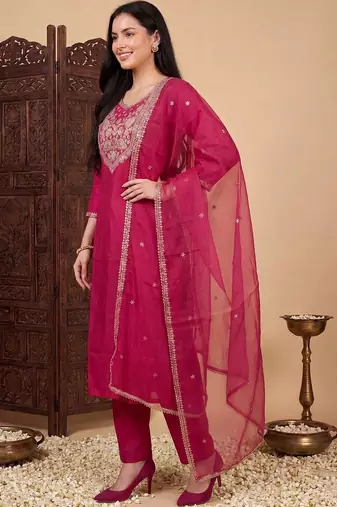 Women Ethnic Motifs Embroidered Regular Kurta with Trousers & With Dupatta