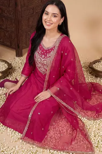 Women Ethnic Motifs Embroidered Regular Kurta with Trousers & With Dupatta
