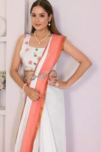 Off white linen solid saree with blouse