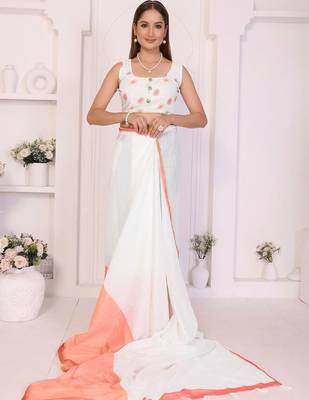 Off white linen solid saree with blouse 5