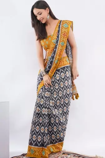 Black linen printed saree with blouse