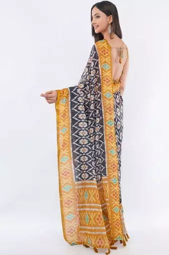 Black linen printed saree with blouse