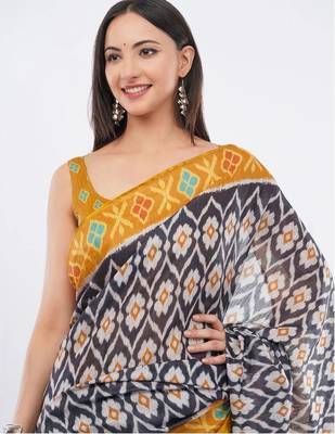 Black linen printed saree with blouse 4