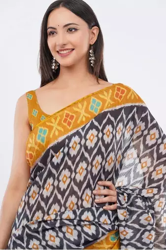 Black linen printed saree with blouse