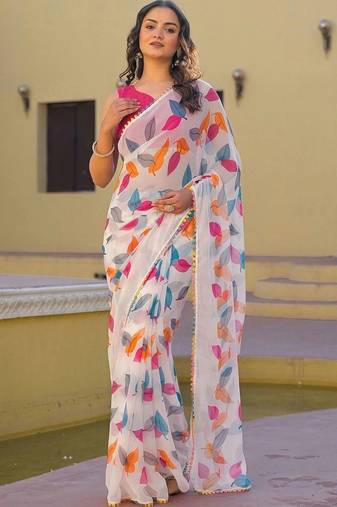 White chiffon printed saree with blouse