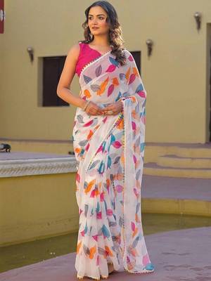 White chiffon printed saree with blouse 2