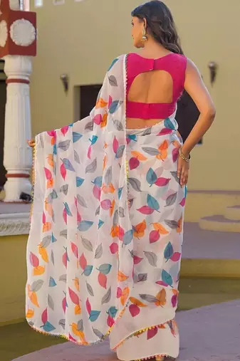 White chiffon printed saree with blouse