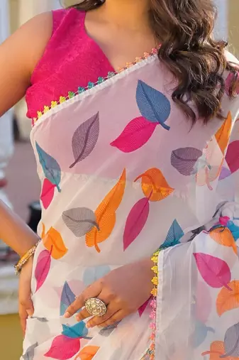 White chiffon printed saree with blouse