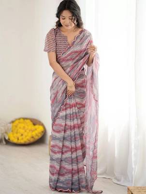 Grey pure georgette printed saree with blouse 1