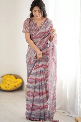 Grey pure georgette printed saree with blouse