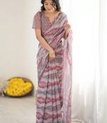 Grey pure georgette printed saree with blouse