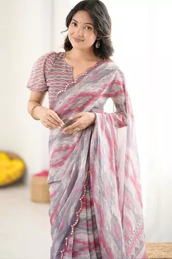 Grey pure georgette printed saree with blouse