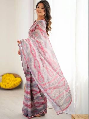 Grey pure georgette printed saree with blouse 3
