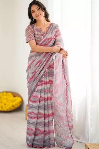 Grey pure georgette printed saree with blouse