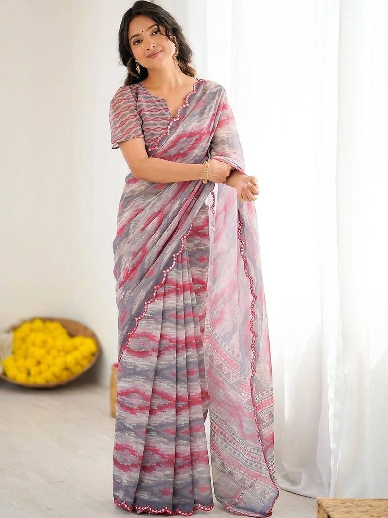 Grey pure georgette printed saree with blouse