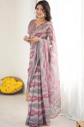 Grey pure georgette printed saree with blouse