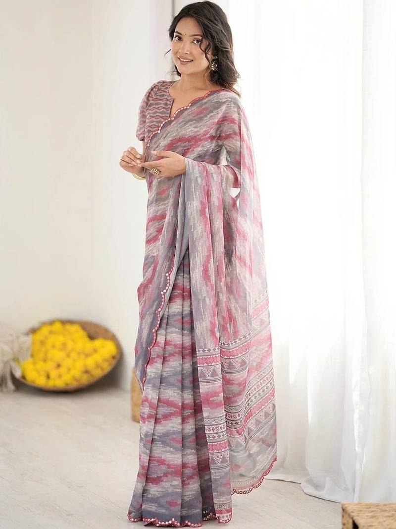 Grey pure georgette printed saree with blouse