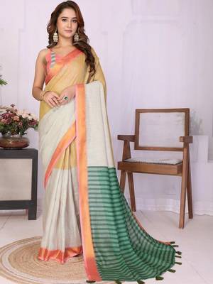 Multicolor linen striped saree with blouse 1