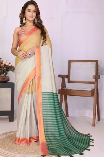 Multicolor linen striped saree with blouse