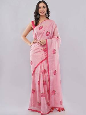Pink linen printed saree with blouse 1