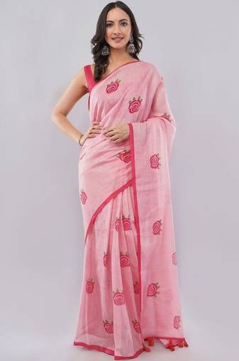 Pink linen printed saree with blouse