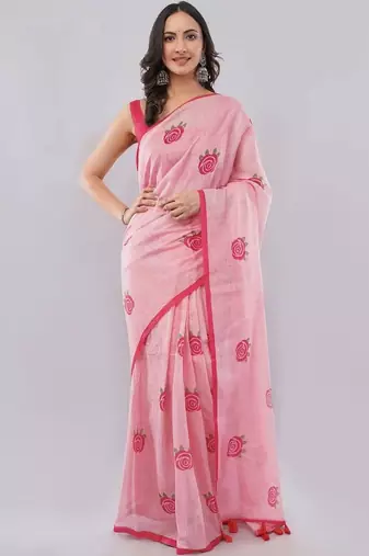 Pink linen printed saree with blouse