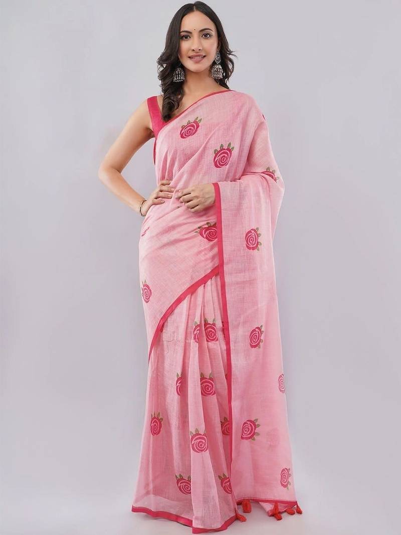 Pink linen printed saree with blouse