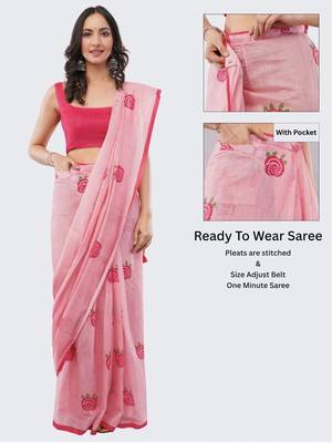 Pink linen printed saree with blouse 2