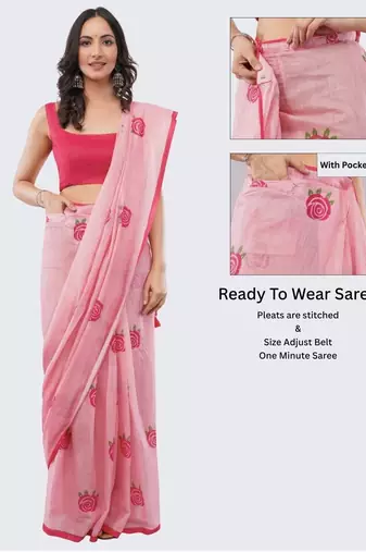 Pink linen printed saree with blouse